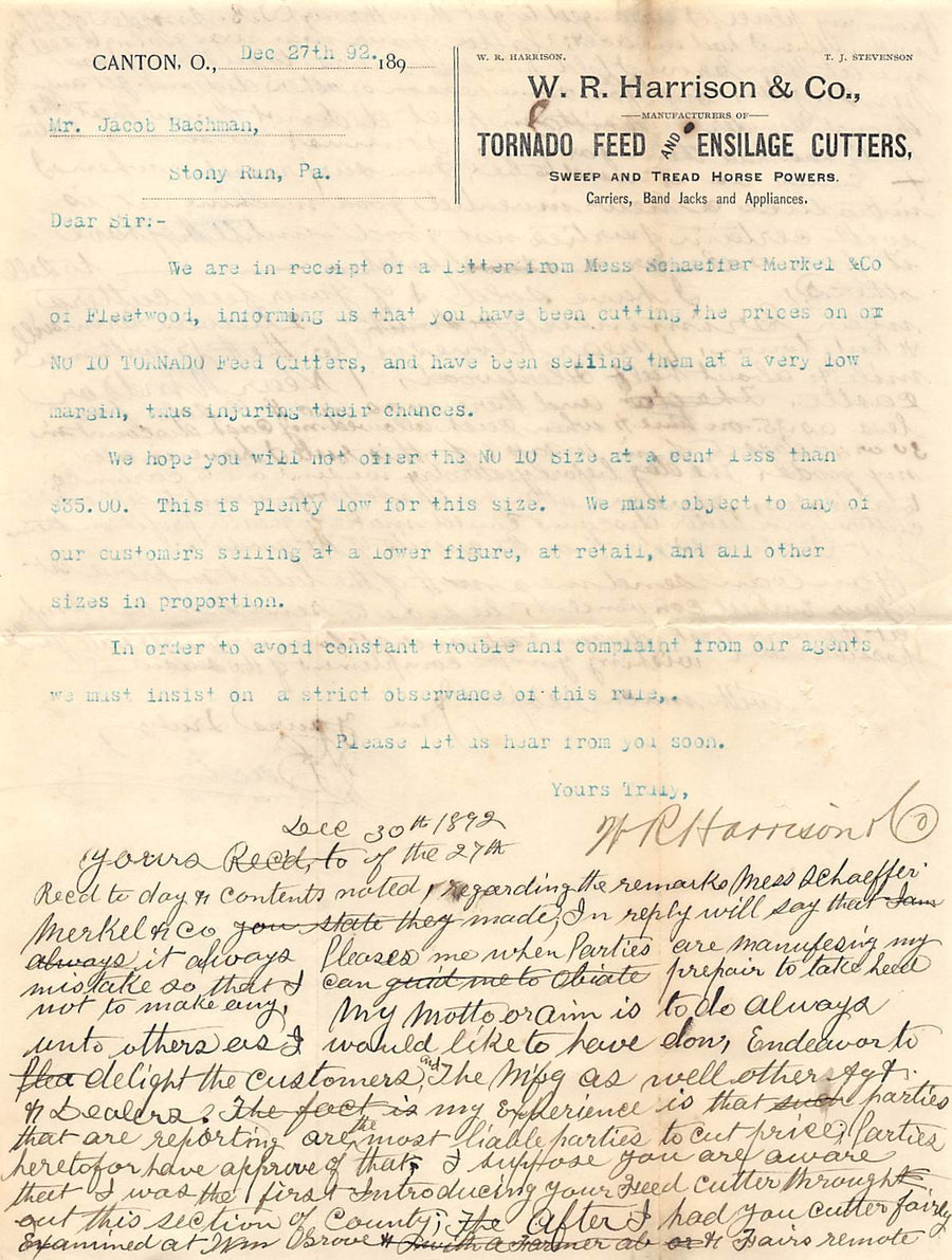 W. R. HARRISON CANTON OHIO TORNADO FEED CUTTERS ANTIQUE ADVERTISING LETTERHEAD - K-townConsignments