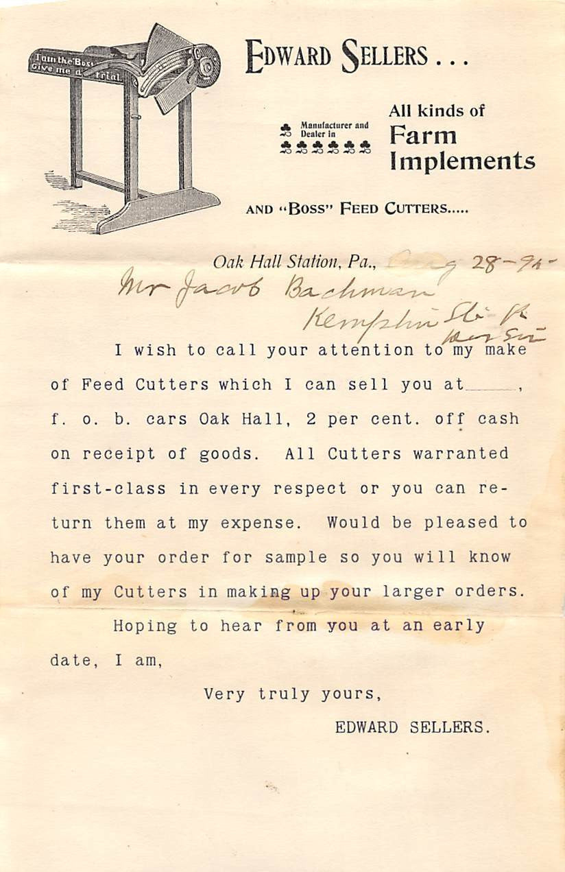 EDWARD SELLERS FARM IMPLEMENTS OAK HALL STATION PA ANTIQUE GRAPHIC ADVERTISING - K-townConsignments