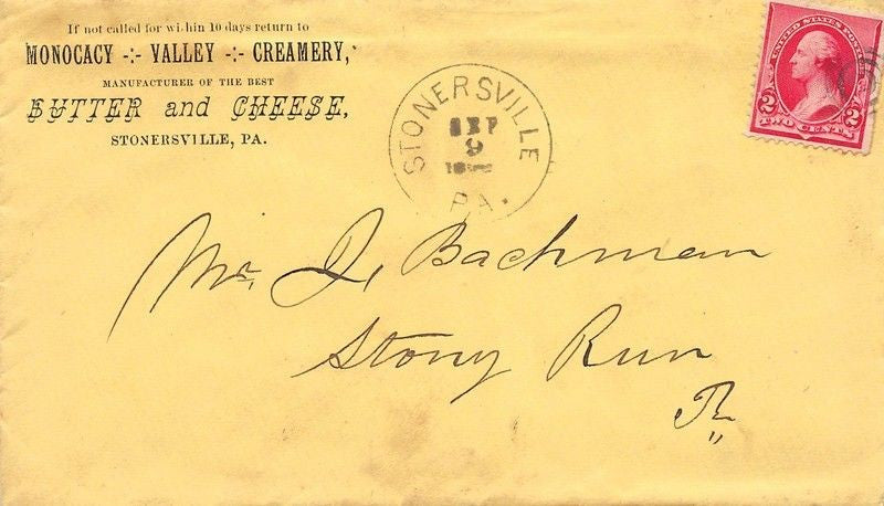 MONOCACY VALLEY CREAMERY STONERSVILLE PA ANTIQUE ADVERTISING POSTAL MAIL COVER - K-townConsignments