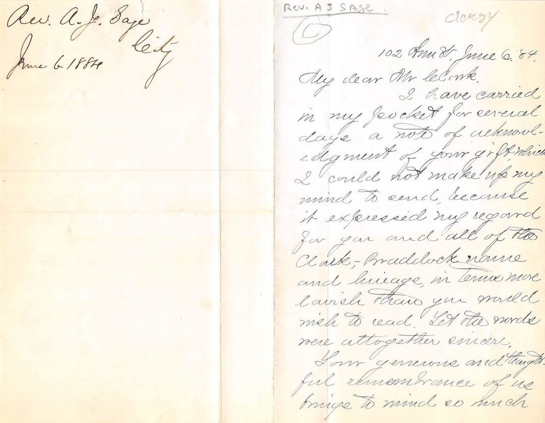 A. J. SAGE BAPTIST SEMINARY HISTORIAN CINCINATTI OH AUTOGRAPH SIGNED LETTER 1884 - K-townConsignments