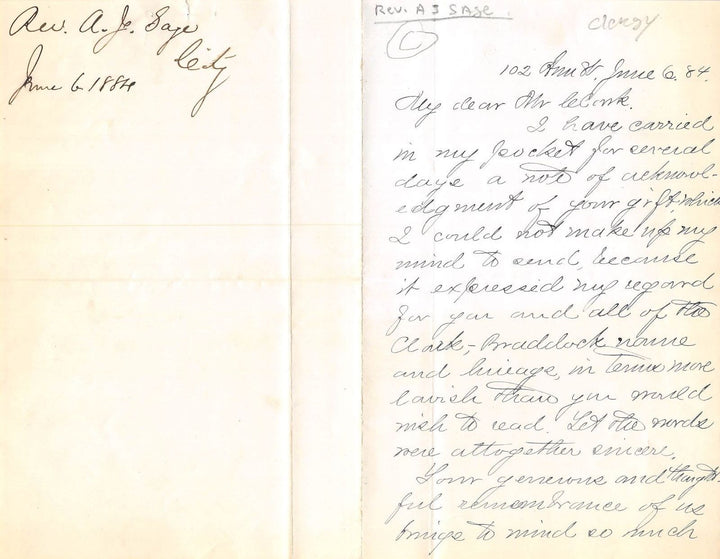 A. J. SAGE BAPTIST SEMINARY HISTORIAN CINCINATTI OH AUTOGRAPH SIGNED LETTER 1884 - K-townConsignments