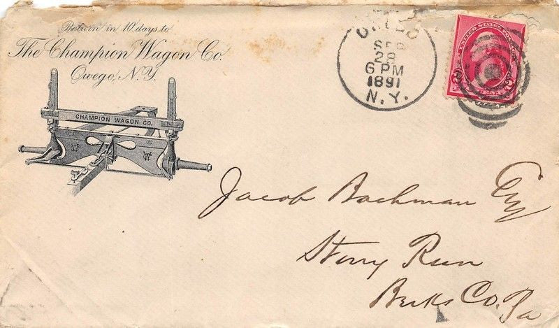 CHAMPION WAGON COMPANY OWEGO NEW YORK ANTIQUE ADVERTISING POSTED MAIL COVER 1891 - K-townConsignments