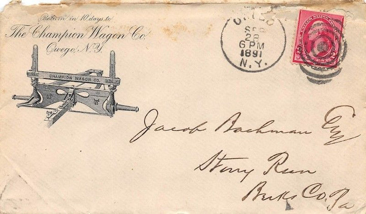 CHAMPION WAGON COMPANY OWEGO NEW YORK ANTIQUE ADVERTISING POSTED MAIL COVER 1891 - K-townConsignments
