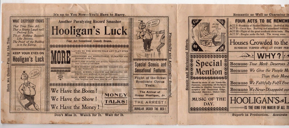 HOOLIGAN'S LUCK VAUDEVILLE THEATRE STAGE COMEDY ANTIQUE BROADSIDE ADVERTISING - K-townConsignments