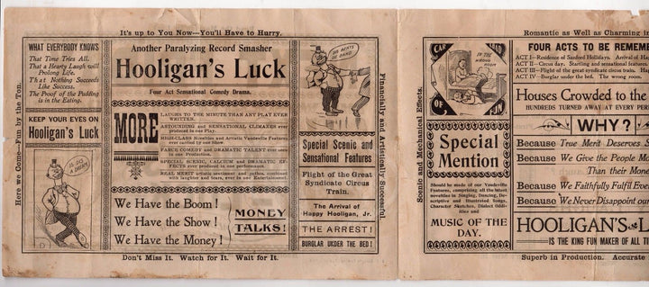 HOOLIGAN'S LUCK VAUDEVILLE THEATRE STAGE COMEDY ANTIQUE BROADSIDE ADVERTISING - K-townConsignments