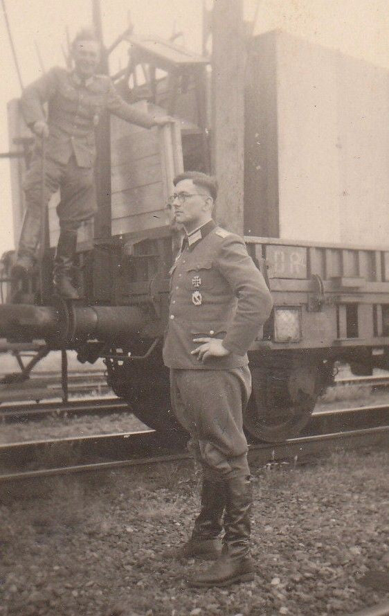 GERMAN SOLDIERS IN UNIFORM AT TRAIN YARD VINTAGE WWII ORIGINAL SNAPSHOT PHOTO - K-townConsignments