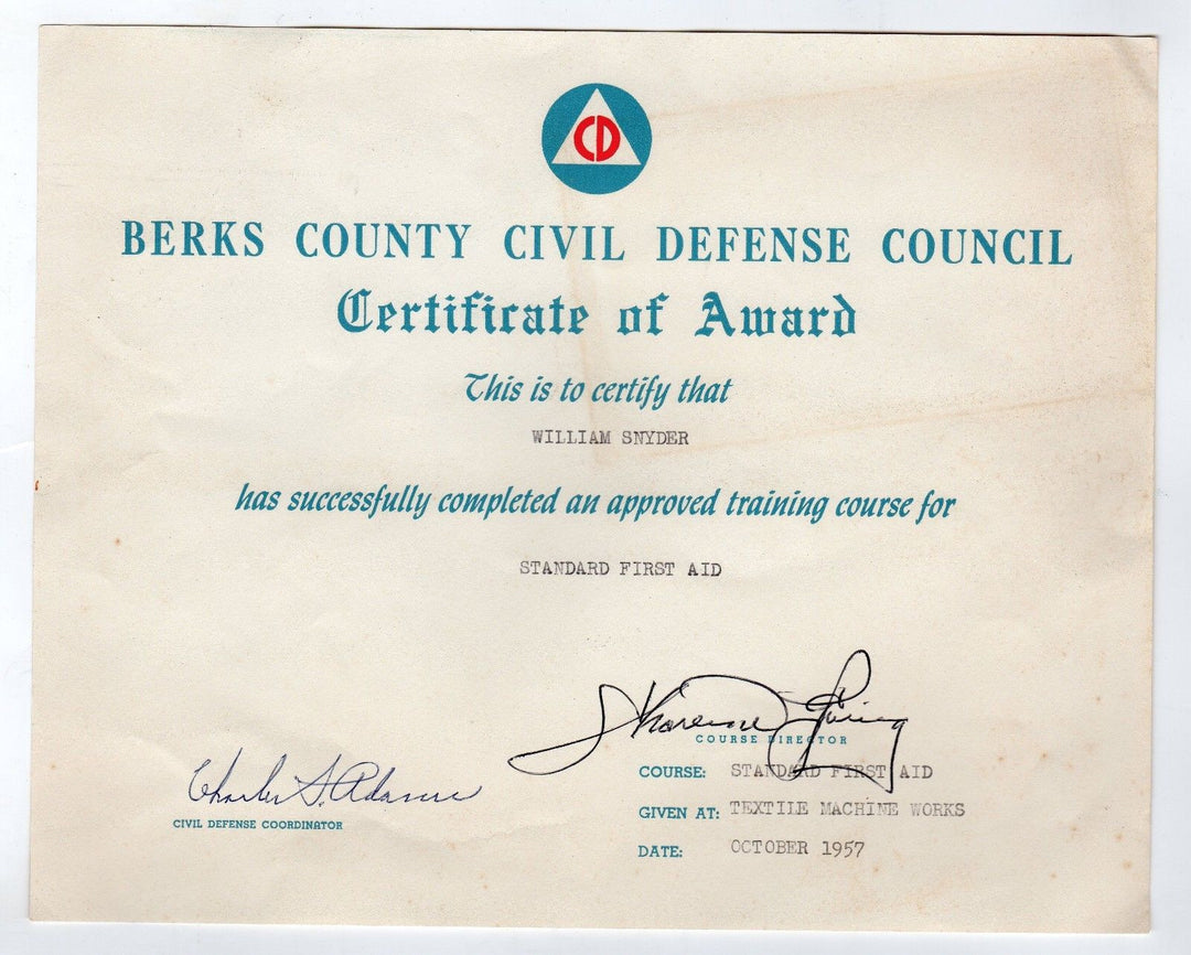 BERKS COUNTY PA CIVIL DEFENSE COUNCIL COLD WAR FIRST AID AWARD CERTIFICATE 1957 - K-townConsignments