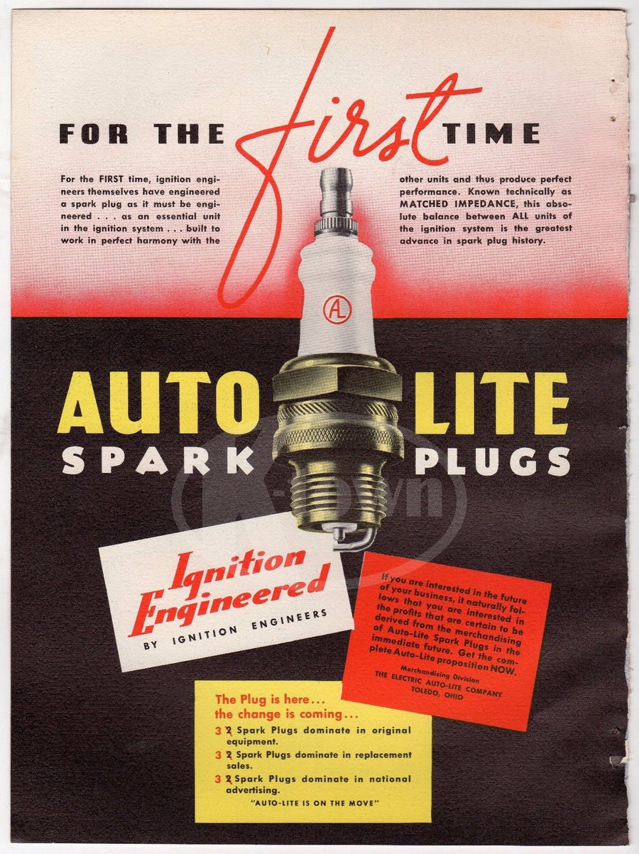 AUTO LITE SPARK PLUGS IGNITION ENGINEERS VINTAGE GRAPHIC ADVERTISING CENTERFOLD - K-townConsignments