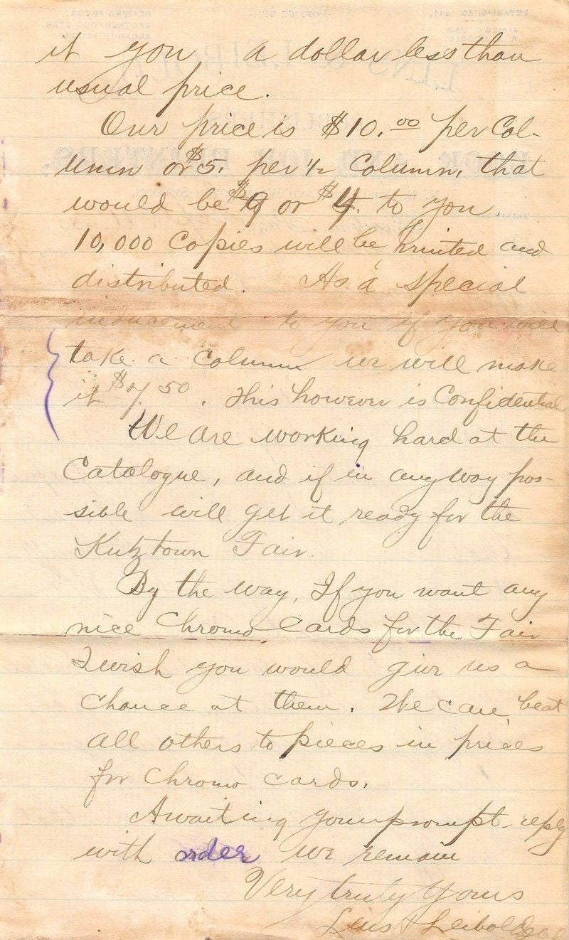 LINS & LEIBOLD PUBLISHING BOOK PRINTERS READING PA ANTIQUE ADVERTISING LETTER - K-townConsignments