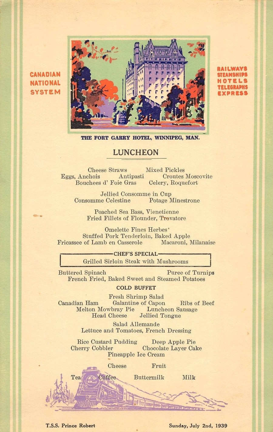 TSS PRINCE ROBERT CANADIAN STEAMSHIPS FORT GARRY HOTEL ANTIQUE LUNCH MENU 1939 - K-townConsignments