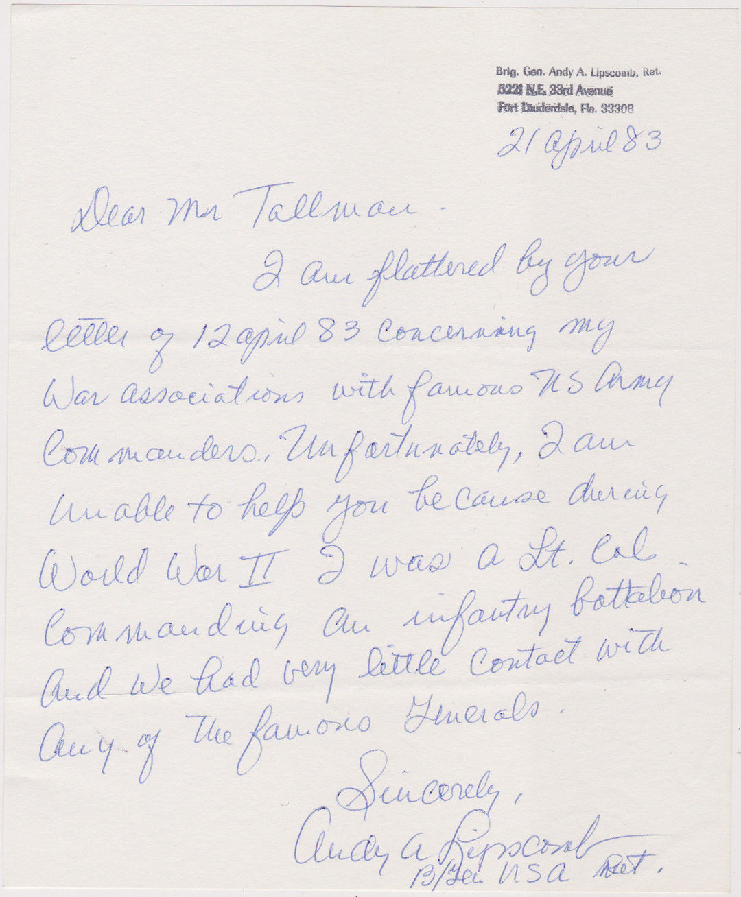 ANDY ARCHER LIPSCOMB US ARMY MAJOR GENERAL ORIGINAL AUTOGRAPH SIGNED LETTER 1983 - K-townConsignments