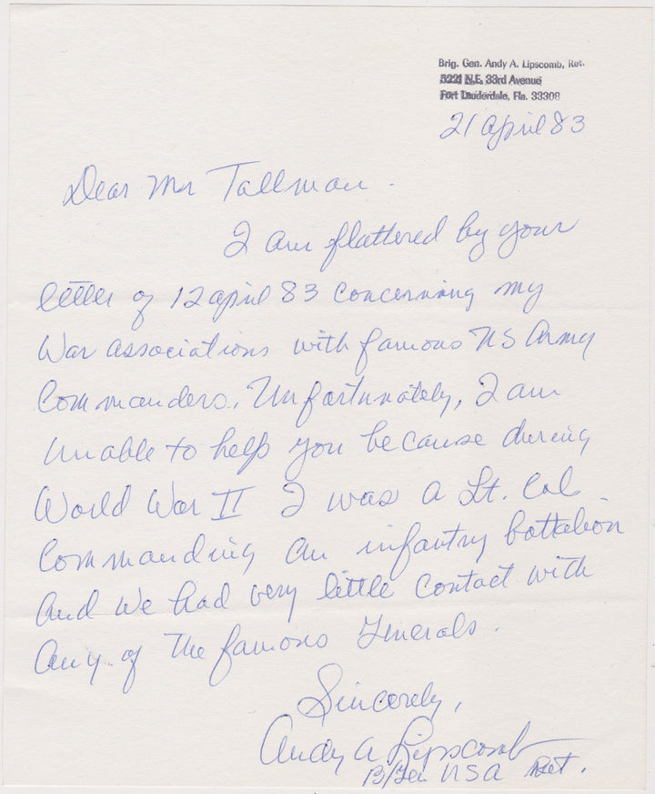 ANDY ARCHER LIPSCOMB US ARMY MAJOR GENERAL ORIGINAL AUTOGRAPH SIGNED LETTER 1983 - K-townConsignments