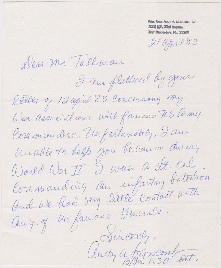 ANDY ARCHER LIPSCOMB US ARMY MAJOR GENERAL ORIGINAL AUTOGRAPH SIGNED LETTER 1983 - K-townConsignments