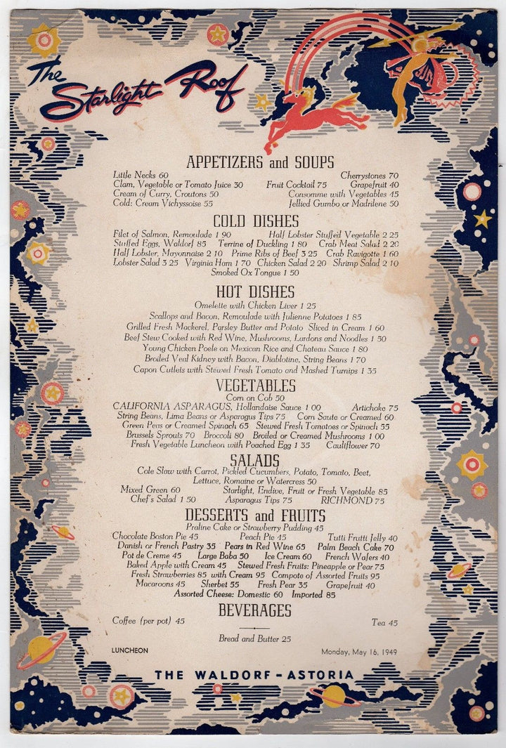 STARLIGHT ROOF WALDORF ASTORIA VINTAGE SPACE THEME GRAPHIC ART DINNER MENU 1949 - K-townConsignments