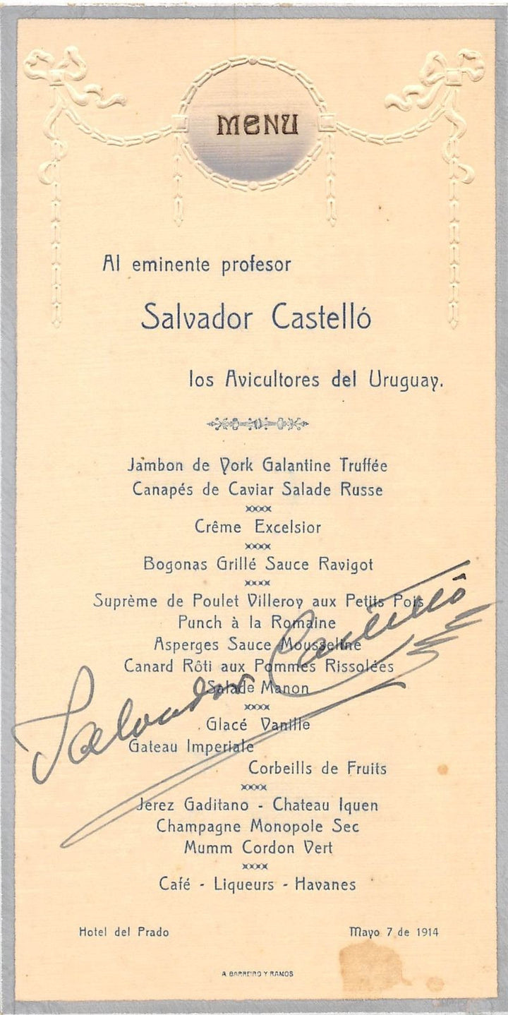 SALVADOR CASTELLO CARRERAS LEGEND POULTRY ZOOLOGIST AUTOGRAPH SIGNED MENU 1914 - K-townConsignments