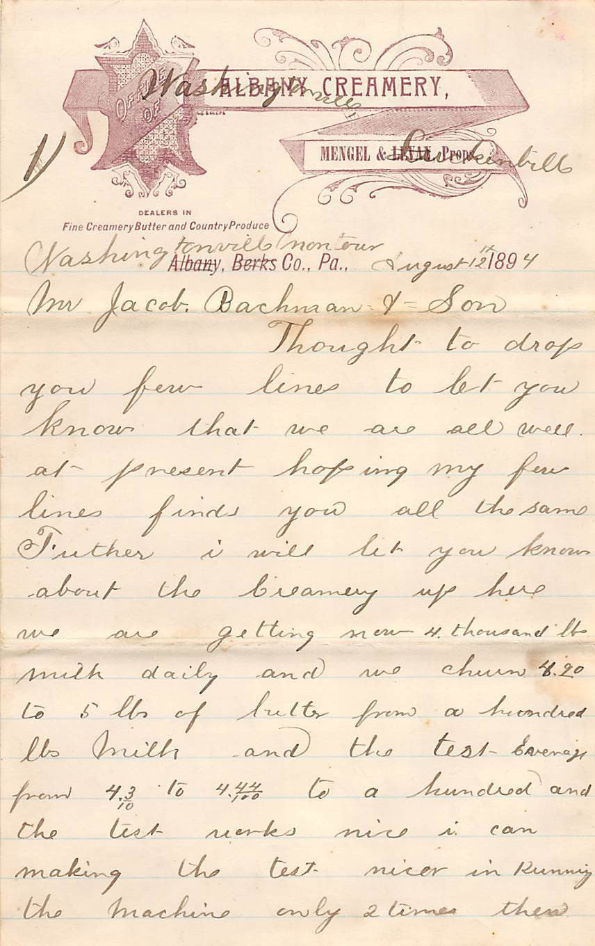 MENGEL CREAMERY ALBANY HAMBURG PA DAIRY FARMING ANTIQUE ADVERTISING LETTER 1894 - K-townConsignments