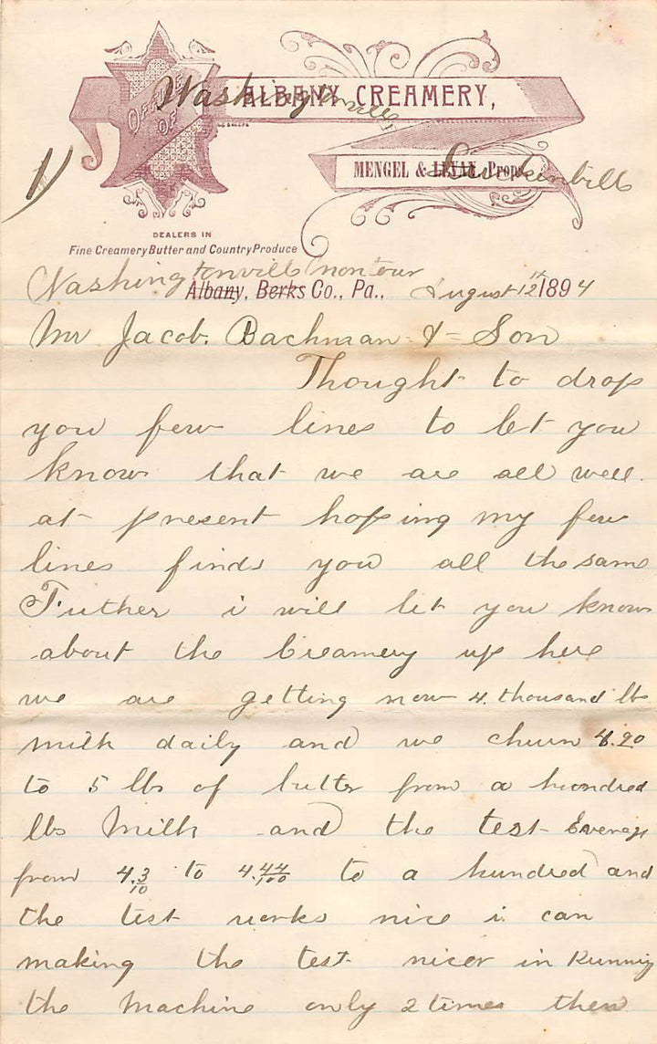 MENGEL CREAMERY ALBANY HAMBURG PA DAIRY FARMING ANTIQUE ADVERTISING LETTER 1894 - K-townConsignments