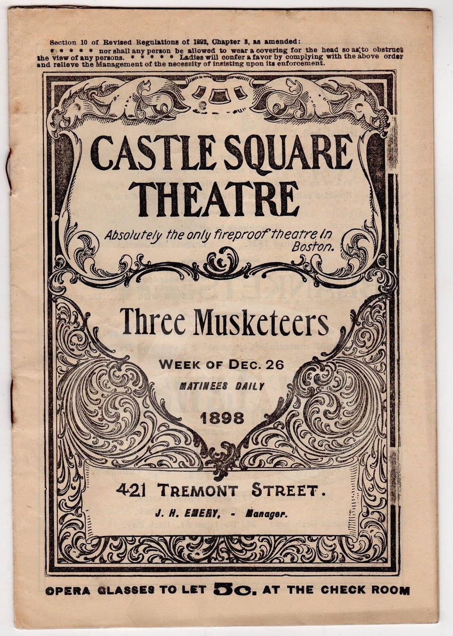 THREE MUSKETEERS CASTLE SQUARE THEATRE PLAY ANTIQUE PLAYBILL W/ ADVERTISING 1896 - K-townConsignments