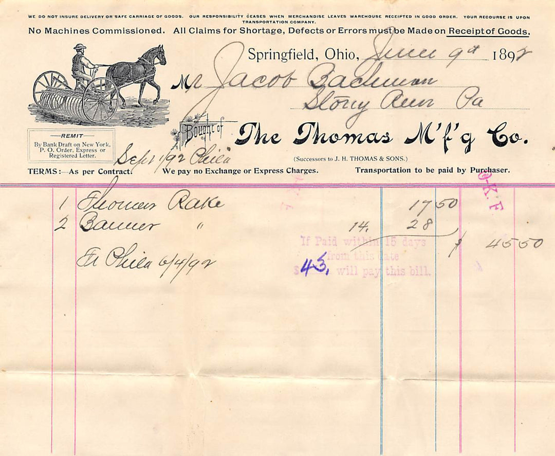 THOMAS FARM PLOWS SPRINGFIELD OHIO ANTIQUE GRAPHIC ADVERTISING SALES RECEIPT - K-townConsignments