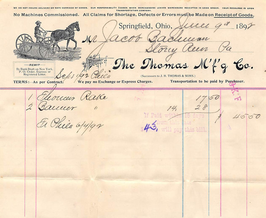 THOMAS FARM PLOWS SPRINGFIELD OHIO ANTIQUE GRAPHIC ADVERTISING SALES RECEIPT - K-townConsignments