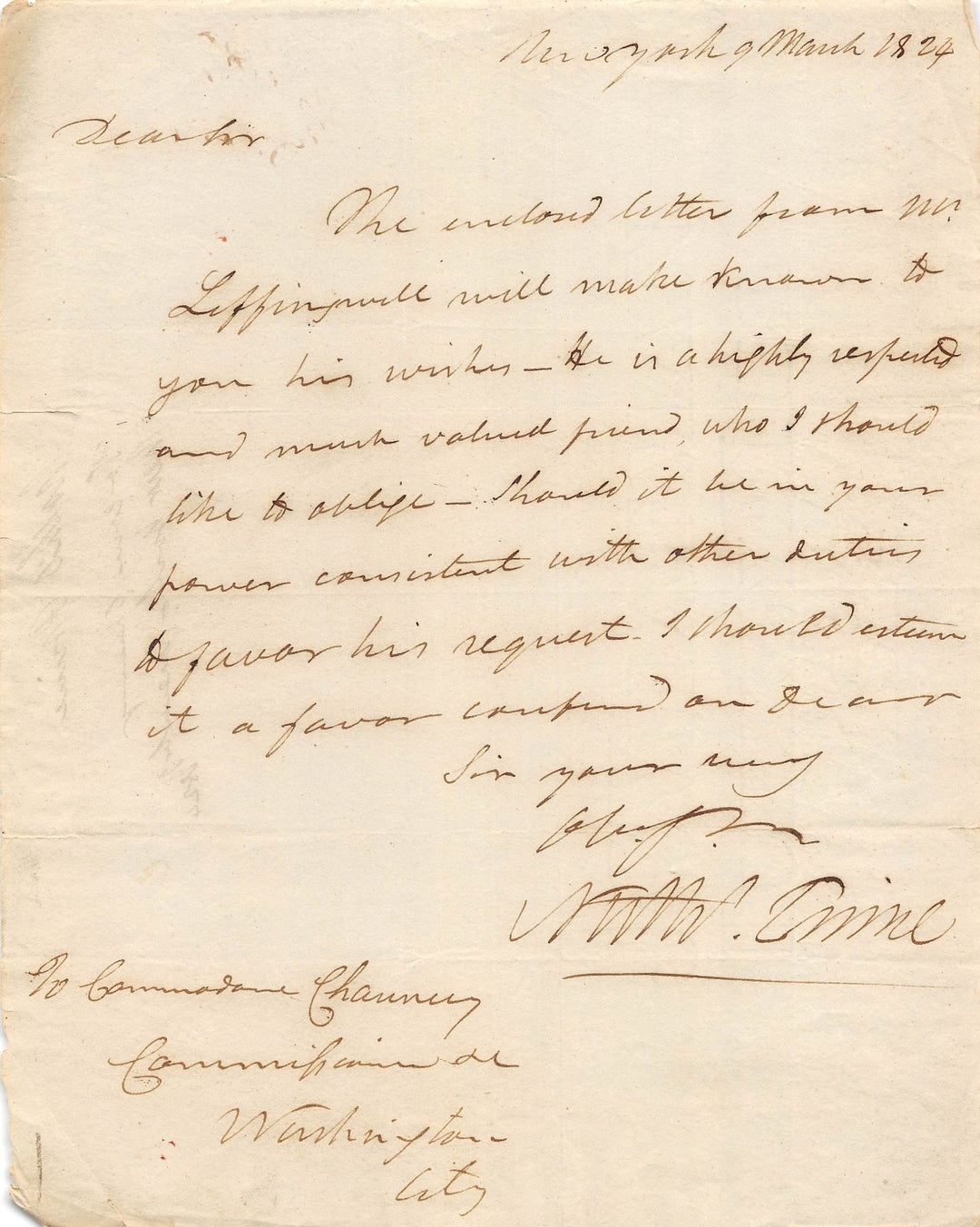 NATHANIEL PRINCE SIGNED LETTER TO WAR OF 1812 COMMODORE ISAAC CHAUNCEY 1824 - K-townConsignments