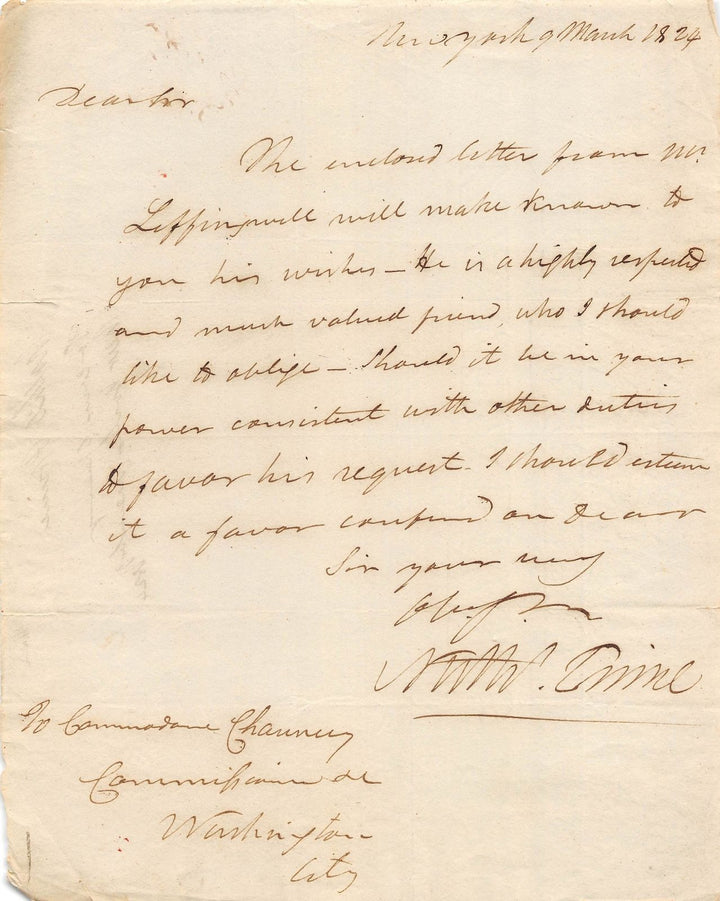 NATHANIEL PRINCE SIGNED LETTER TO WAR OF 1812 COMMODORE ISAAC CHAUNCEY 1824 - K-townConsignments