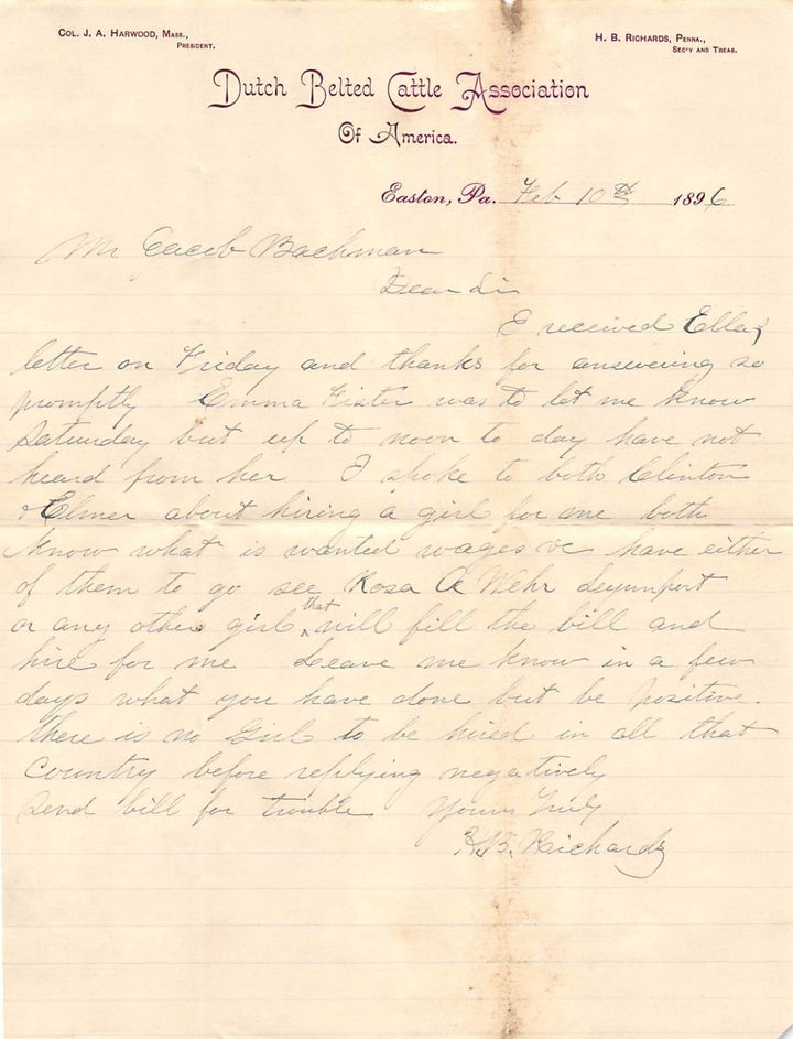 DUTCH BELTED CATTLE ASSOCIATION EASTON PENNSYLVANIA ANTIQUE SIGNED LETTERHEAD - K-townConsignments