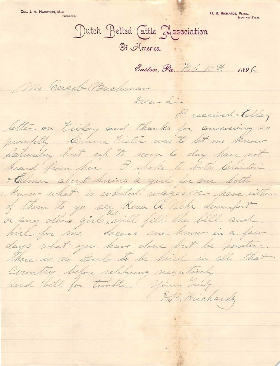 DUTCH BELTED CATTLE ASSOCIATION EASTON PENNSYLVANIA ANTIQUE SIGNED LETTERHEAD - K-townConsignments