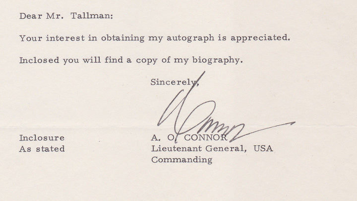 ALBERT O'CONNOR US MILITARY GENERAL ORIGINAL AUTOGRAPH SIGNED LETTERHEAD 1971 - K-townConsignments