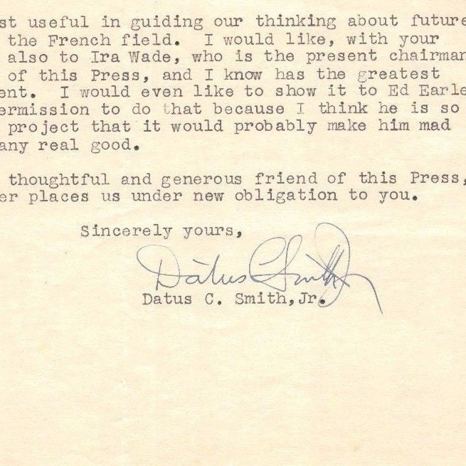 DATUS SMITH PRINCETON UNIVERSITY PRESS VINTAGE AUTOGRAPH SIGNED LETTERHEAD 1951 - K-townConsignments