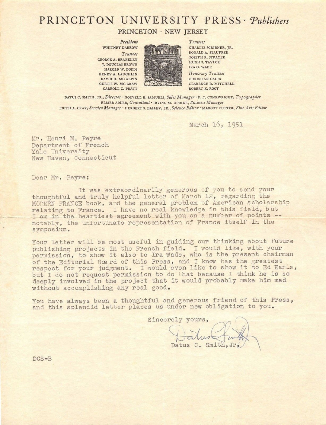 DATUS SMITH PRINCETON UNIVERSITY PRESS VINTAGE AUTOGRAPH SIGNED LETTERHEAD 1951 - K-townConsignments