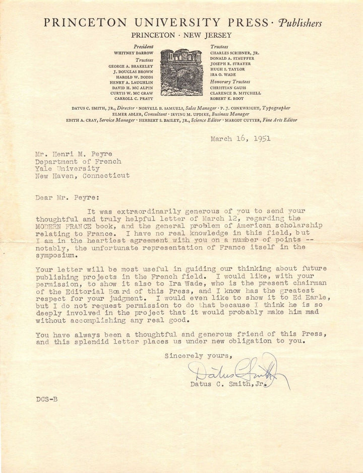 DATUS SMITH PRINCETON UNIVERSITY PRESS VINTAGE AUTOGRAPH SIGNED LETTERHEAD 1951 - K-townConsignments