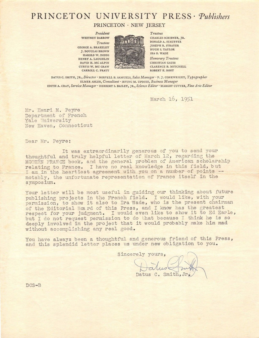 DATUS SMITH PRINCETON UNIVERSITY PRESS VINTAGE AUTOGRAPH SIGNED LETTERHEAD 1951 - K-townConsignments
