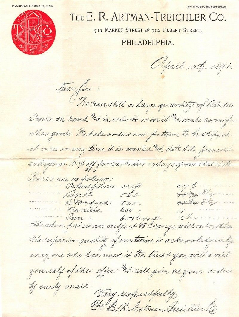 ARTMAN TREICHLER FARM SUPPLY PHILADELPHIA PA ANTIQUE GRAPHIC ADVERTISING LETTER - K-townConsignments