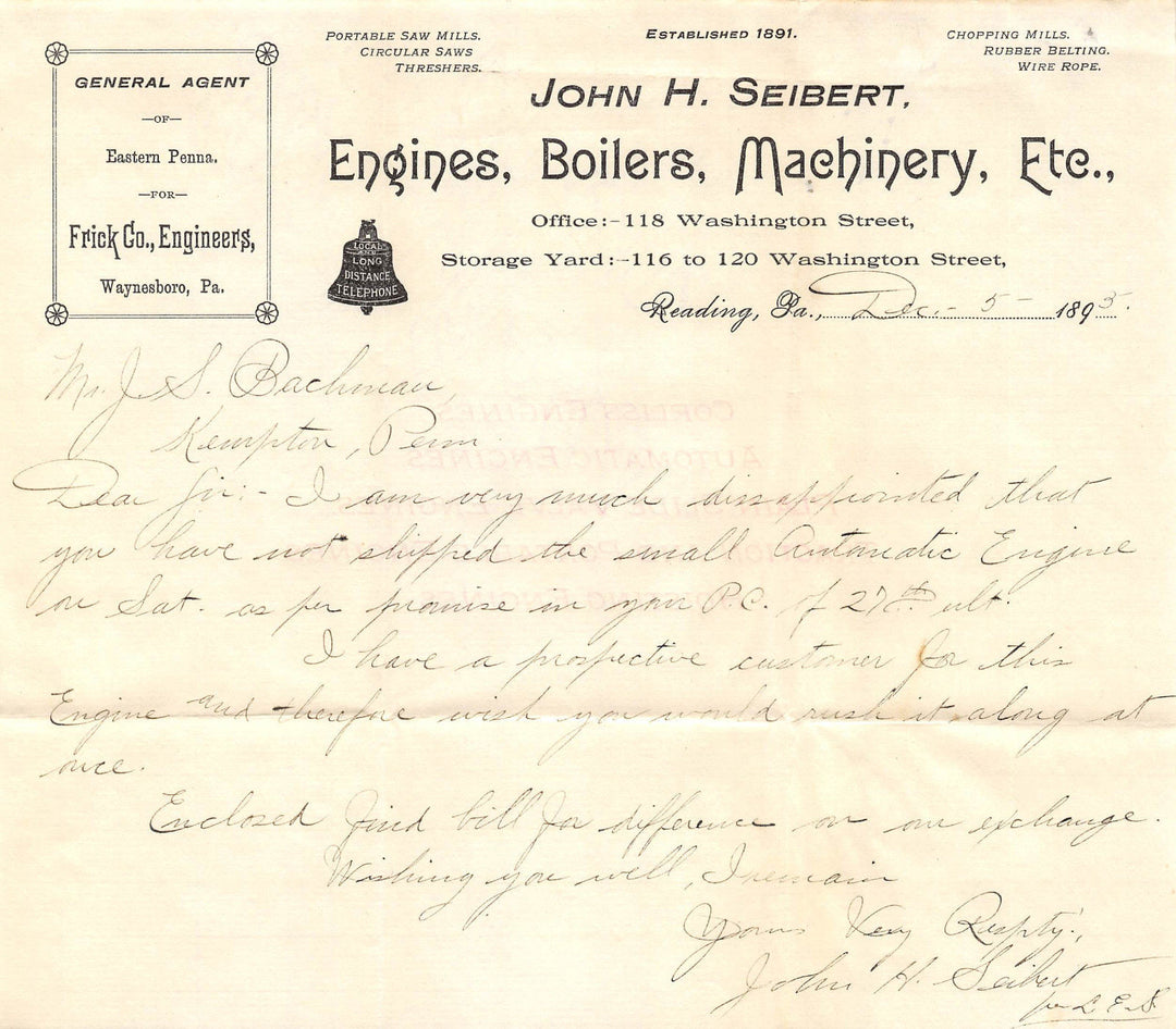 JOHN SEIBERT ENGINES FARM MACHINES READING PA ANTIQUE ADVERTISING LETTERHEAD - K-townConsignments