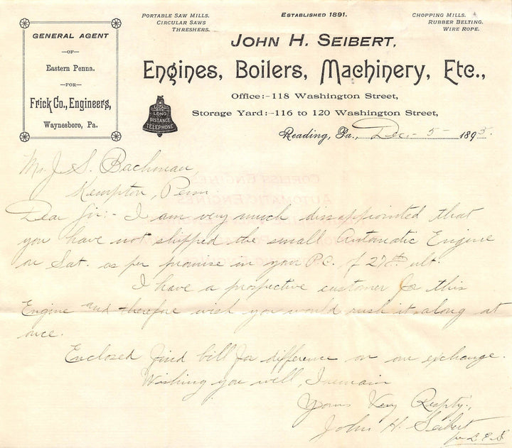 JOHN SEIBERT ENGINES FARM MACHINES READING PA ANTIQUE ADVERTISING LETTERHEAD - K-townConsignments