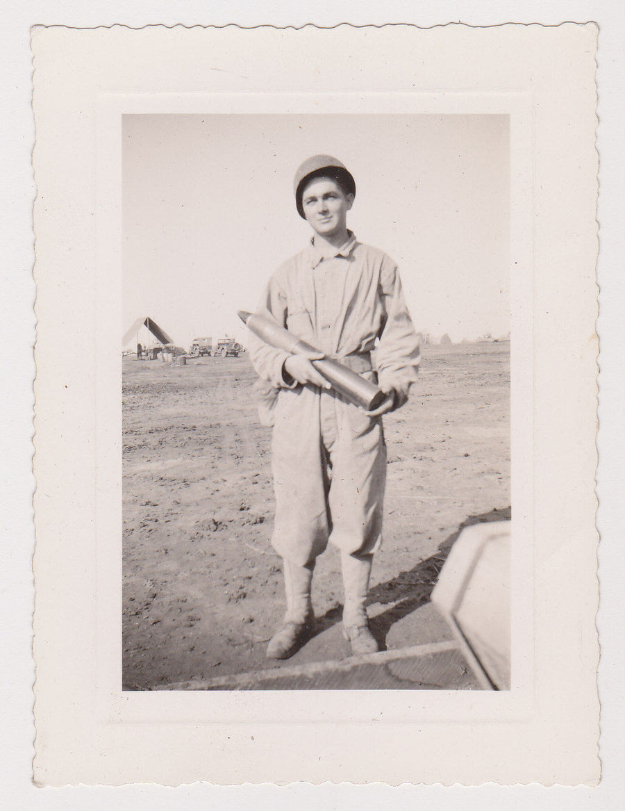 US ARMY SOLDIER HOLDING MORTAR SHELL VINTAGE WWII MILITARY SNAPSHOT PHOTOGRAPH - K-townConsignments