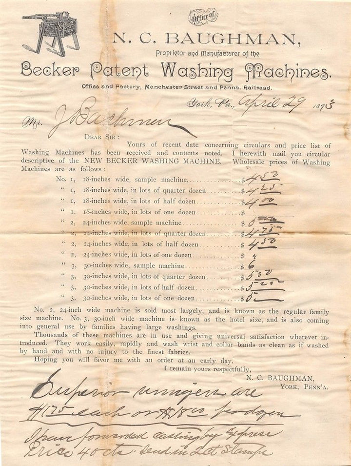 BAUGHMAN BECKER WASHING MACHINES ANTIQUE ADVERTISING PRICE LIST LETTERHEAD 1893 - K-townConsignments