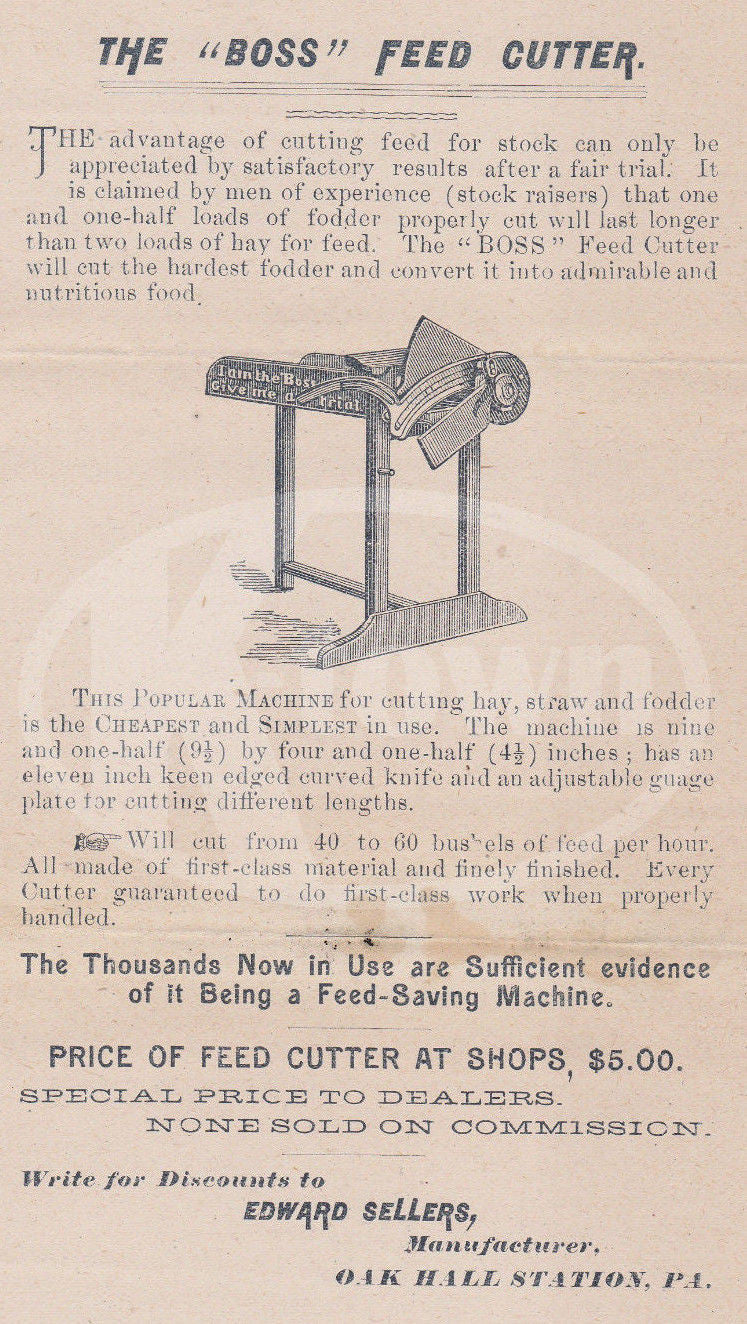 BOSS FEED CUTTER OAK HALL STATION PA ANTIQUE FARM EQUIPMENT ADVERTISING FLYER - K-townConsignments