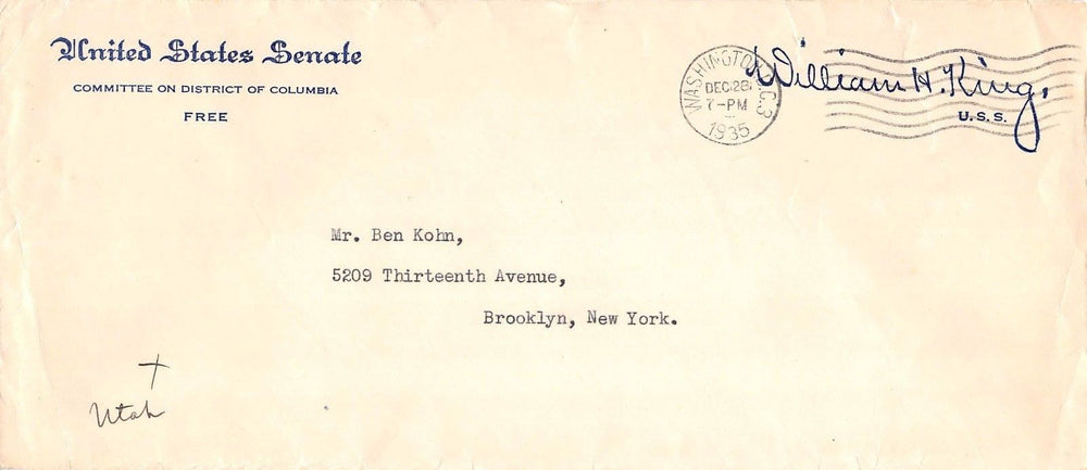 WILLIAM KING UTAH SENATOR VINTAGE AUTOGRAPH SIGNED SENATE LETTERHEAD 1935 - K-townConsignments