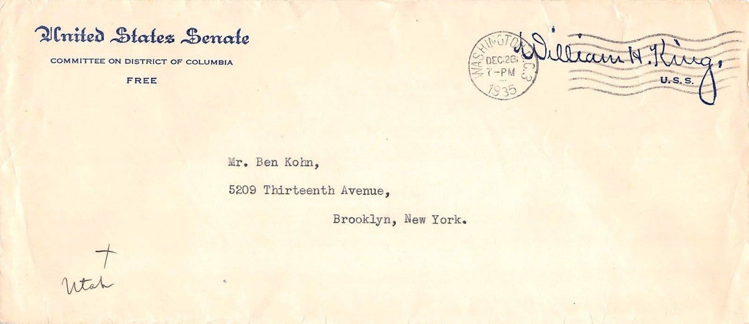 WILLIAM KING UTAH SENATOR VINTAGE AUTOGRAPH SIGNED SENATE LETTERHEAD 1935 - K-townConsignments