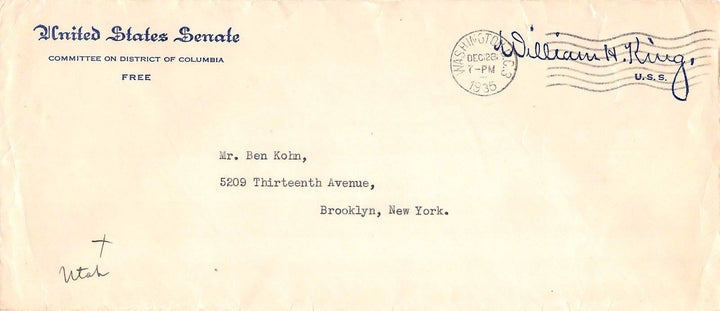 WILLIAM KING UTAH SENATOR VINTAGE AUTOGRAPH SIGNED SENATE LETTERHEAD 1935 - K-townConsignments