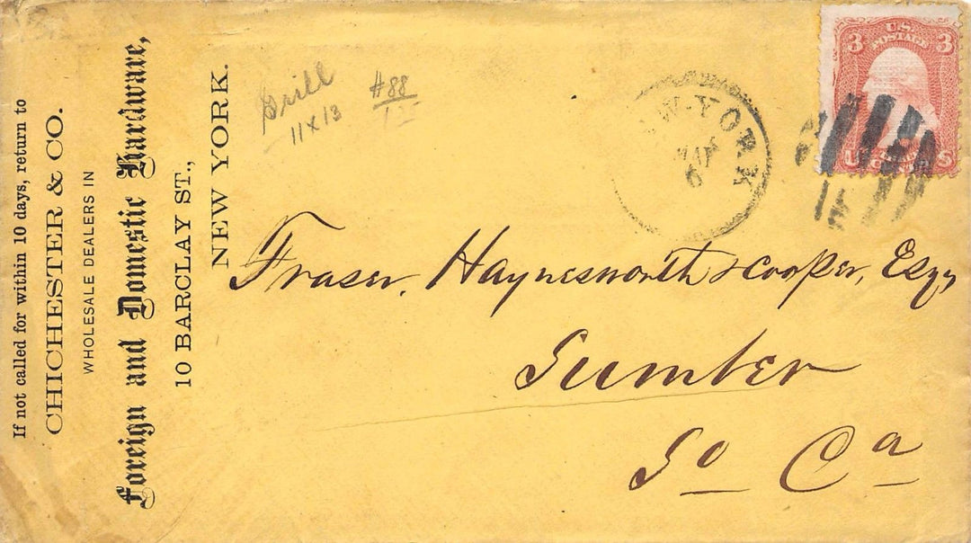 CHICESTER HARDWARE STORE NEW YORK ANTIQUE CANCEL STAMPED POSTAL MAIL COVER 1863 - K-townConsignments