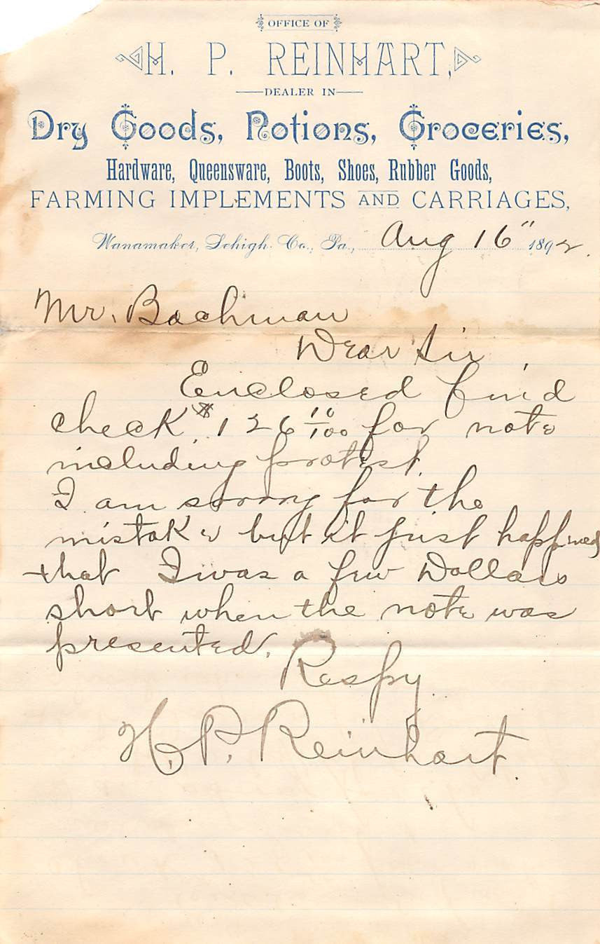 REINHART DRY GOOD GROCERY WANNAMAKER LEHIGH PA ANTIQUE SIGNED ADVERTISING LETTER - K-townConsignments