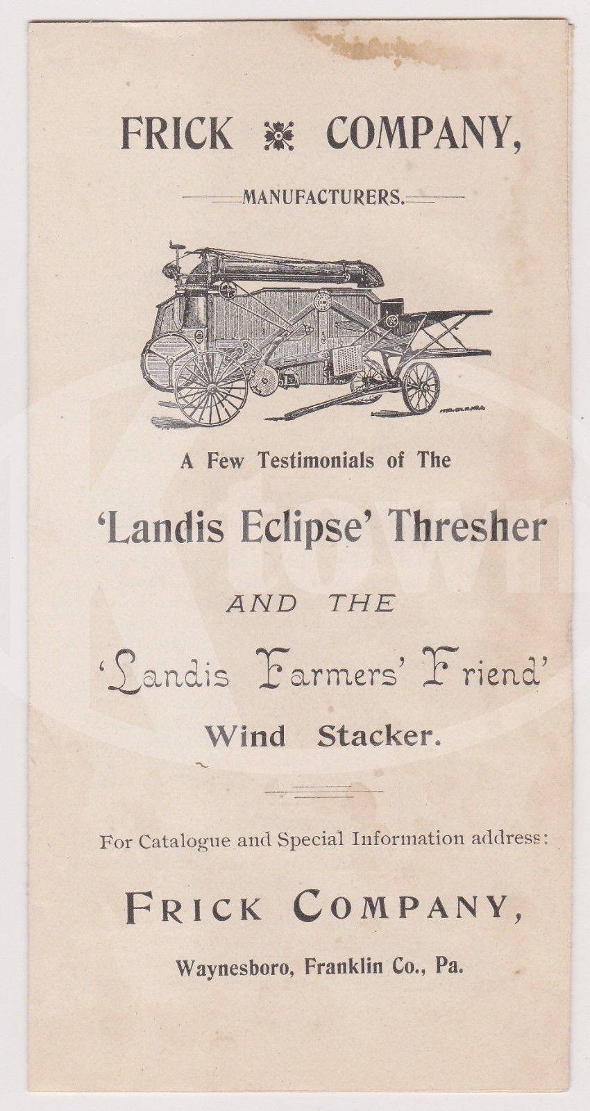 FRICK COMPANY WAYNESBORO PA ANTIQUE FARM EQUIPMENT ADVERTISING BROCHURE 1892 - K-townConsignments