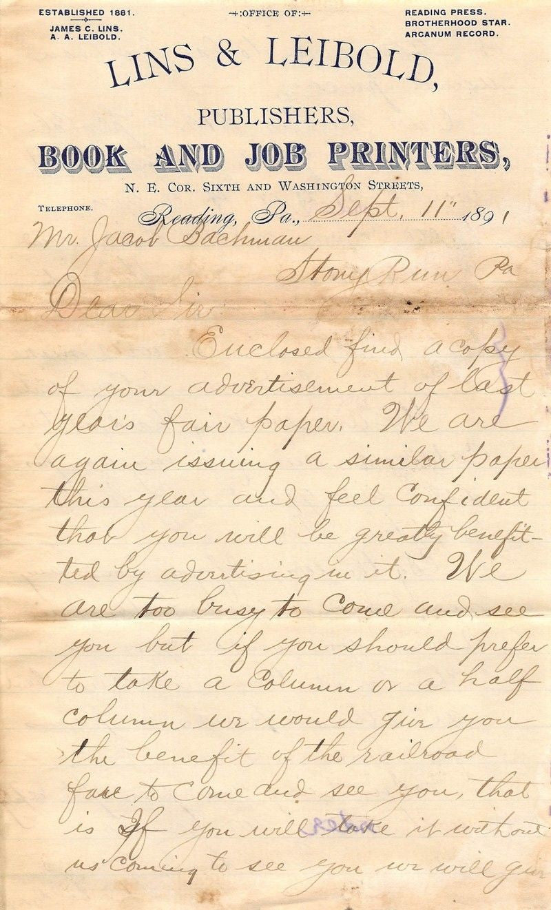 LINS & LEIBOLD PUBLISHING BOOK PRINTERS READING PA ANTIQUE ADVERTISING LETTER - K-townConsignments