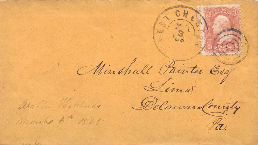 WEST CHESTER PA DELAWARE PA ANTIQUE CANCEL STAMPED POSTAL MAIL COVER 1860s - K-townConsignments