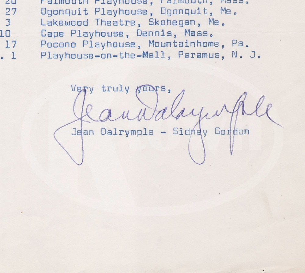 JEAN DALRYMPLE FALMOUTH PLAYHOUS PROPRIETOR Y PLAYWRIGHT AUTOGRAPH SIGNED LETTER - K-townConsignments