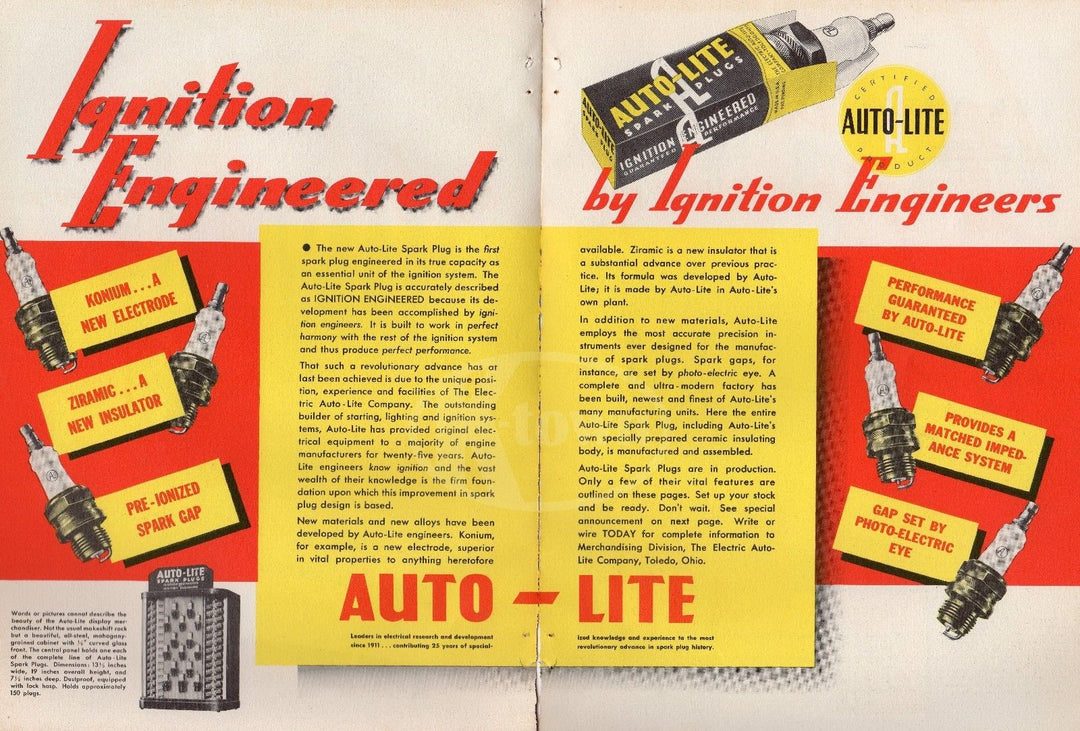 AUTO LITE SPARK PLUGS IGNITION ENGINEERS VINTAGE GRAPHIC ADVERTISING CENTERFOLD - K-townConsignments