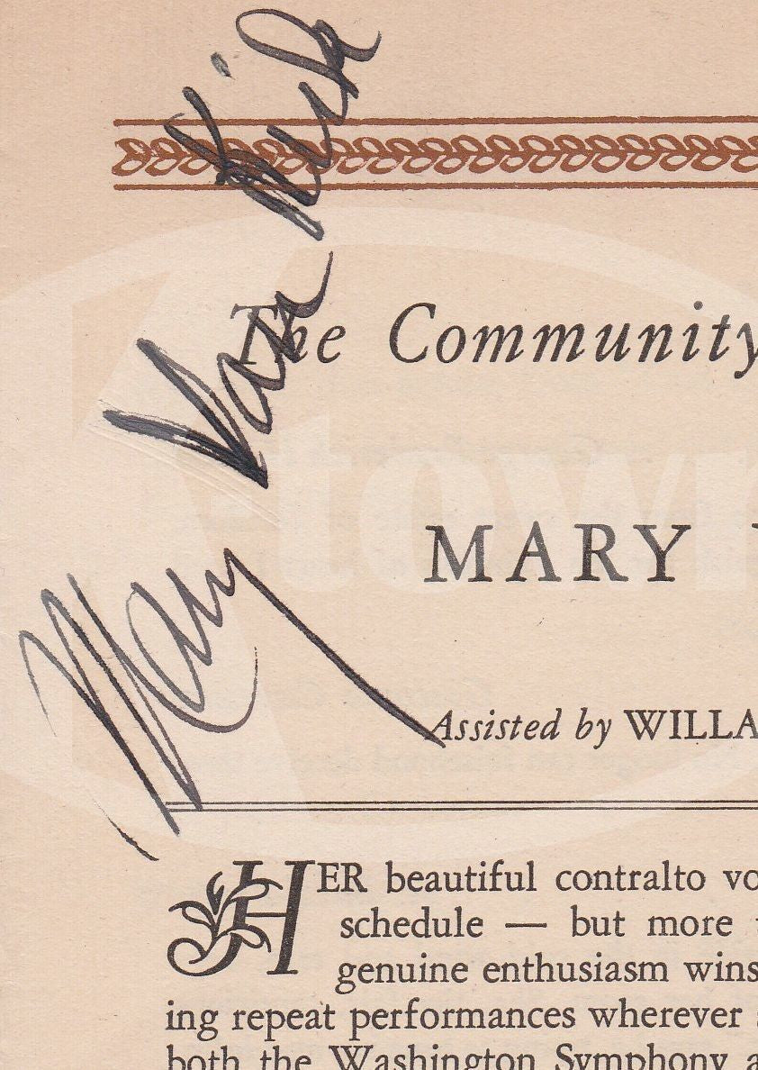 MARY VAN KIRK  CONTRALTO OPERA SINGER VINTAGE AUTOGRAPH SIGNED CONCERT PROGRAM - K-townConsignments